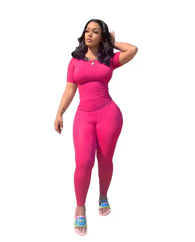Lounge Wear Ribbed Casual 2 Piece Summer Shorts Set For Somen Short Sleeve Top+Elastic outfits