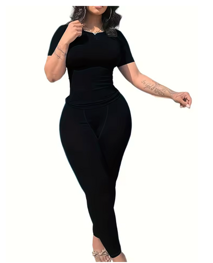 Lounge Wear Ribbed Casual 2 Piece Summer Shorts Set For Somen Short Sleeve Top+Elastic outfits