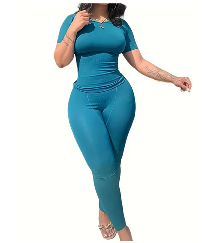 Lounge Wear Ribbed Casual 2 Piece Summer Shorts Set For Somen Short Sleeve Top+Elastic outfits