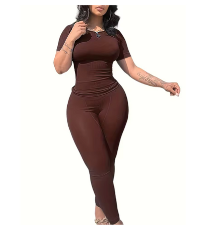 Lounge Wear Ribbed Casual 2 Piece Summer Shorts Set For Somen Short Sleeve Top+Elastic outfits