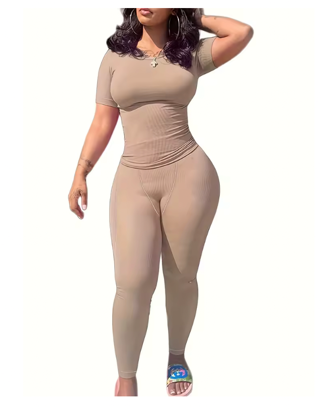Lounge Wear Ribbed Casual 2 Piece Summer Shorts Set For Somen Short Sleeve Top+Elastic outfits