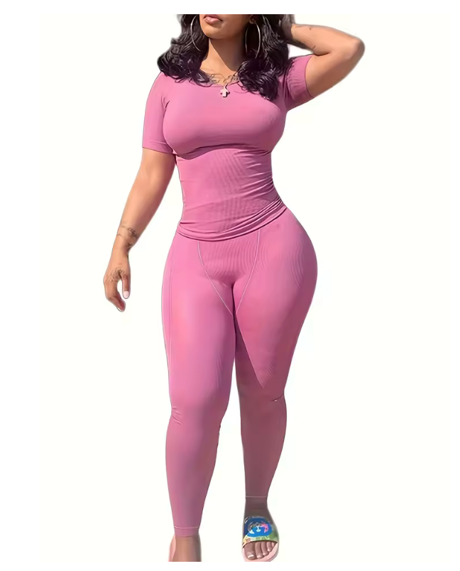 Lounge Wear Ribbed Casual 2 Piece Summer Shorts Set For Somen Short Sleeve Top+Elastic outfits