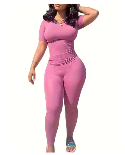 Lounge Wear Ribbed Casual 2 Piece Summer Shorts Set For Somen Short Sleeve Top+Elastic outfits