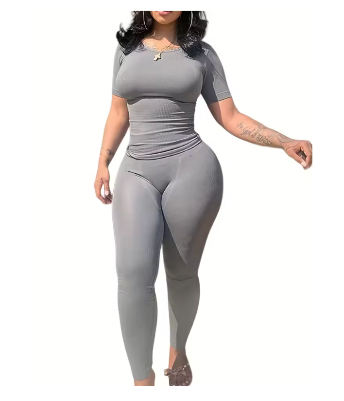 Lounge Wear Ribbed Casual 2 Piece Summer Shorts Set For Somen Short Sleeve Top+Elastic outfits