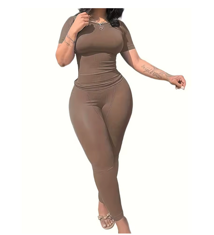 Lounge Wear Ribbed Casual 2 Piece Summer Shorts Set For Somen Short Sleeve Top+Elastic outfits